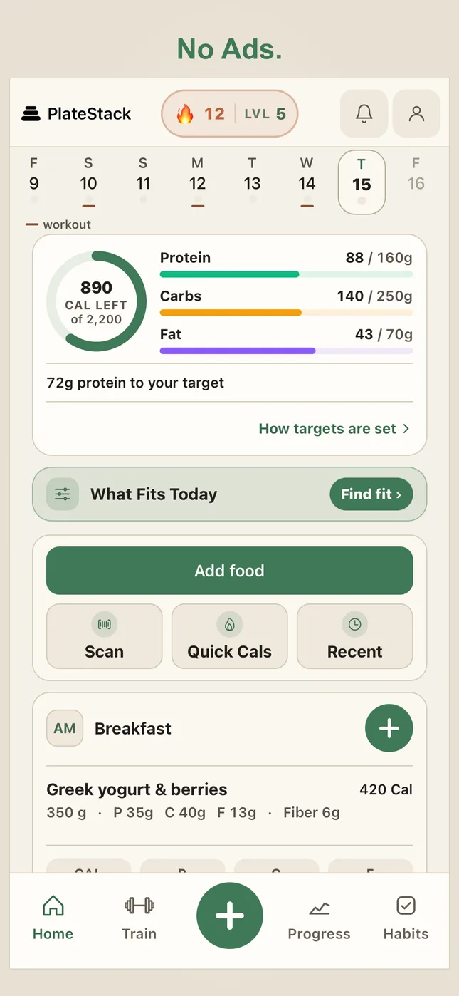 PlateStack: Home dashboard with remaining calories, macros and food records
