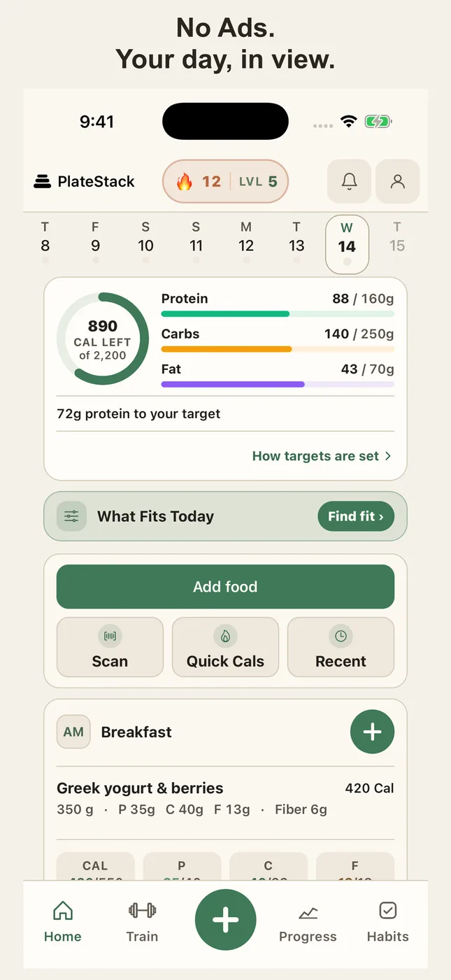 PlateStack home screen: today's food, training and habits in one record