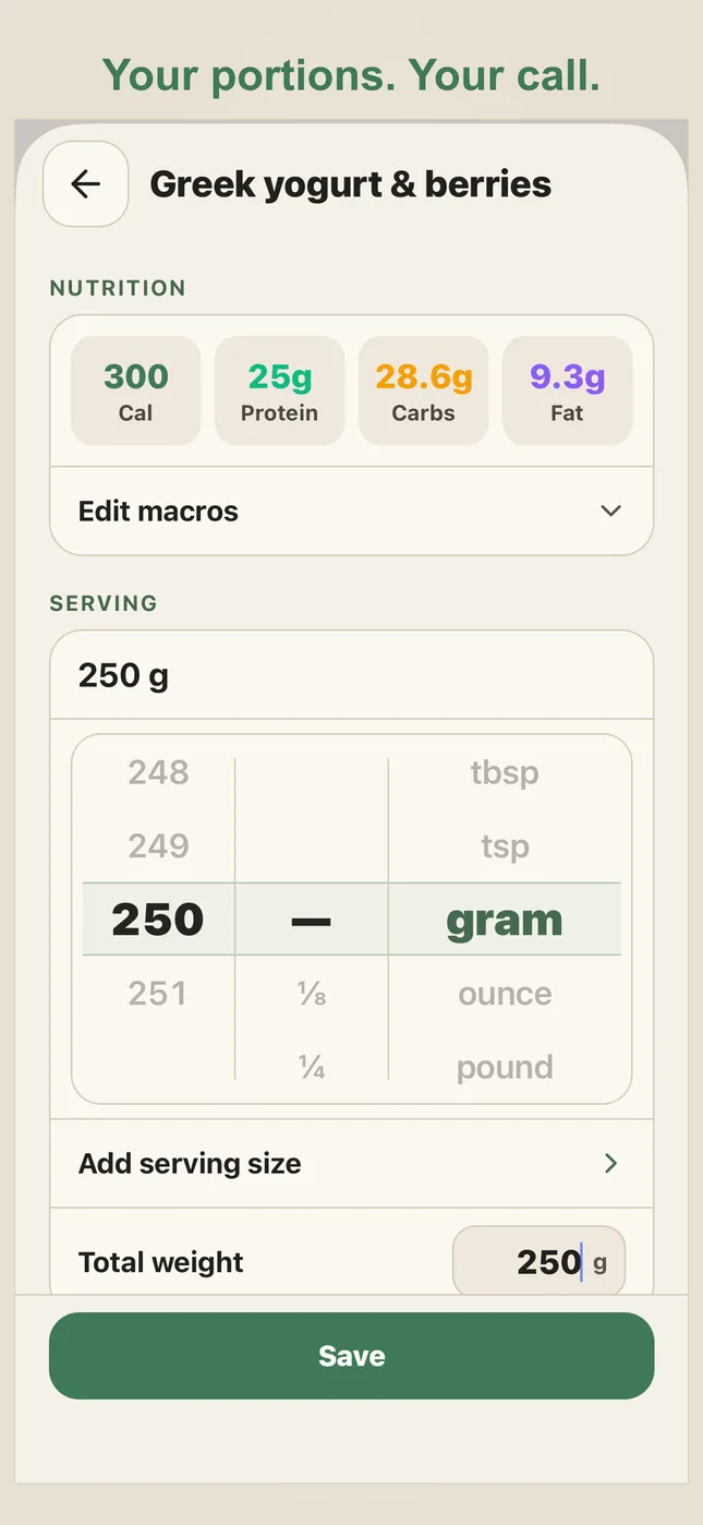 PlateStack: Food portion editor with calories and macros