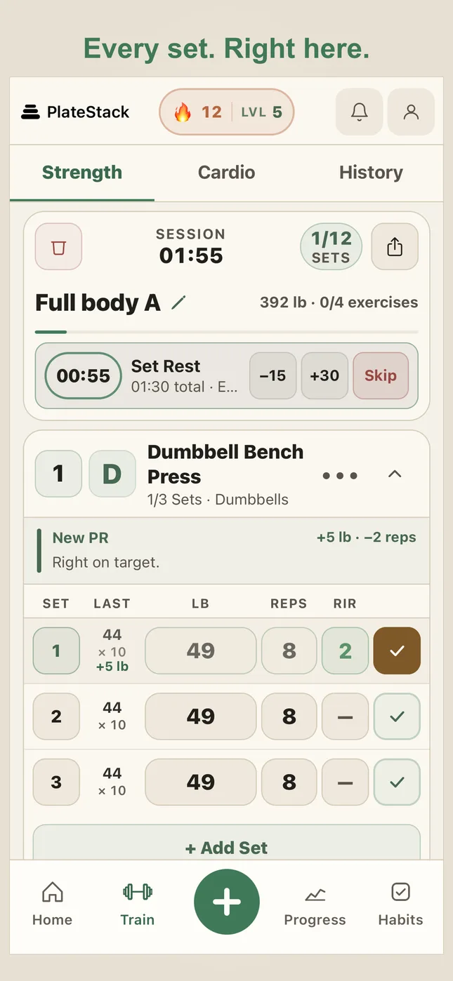 PlateStack: Live strength workout with weights, repetitions and set controls