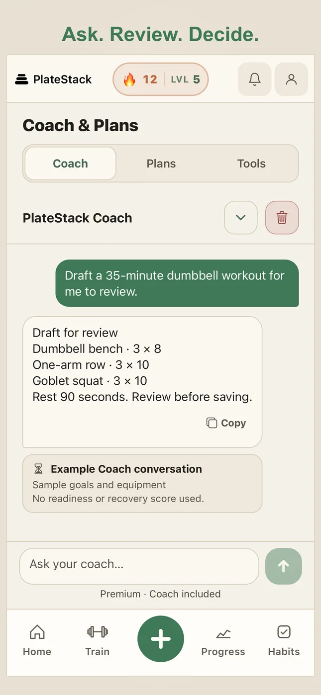 PlateStack: Coach conversation with a workout draft