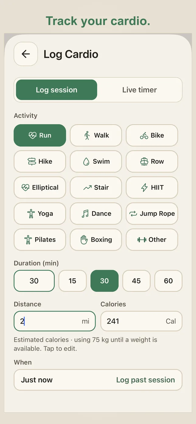 PlateStack: Cardio activity entry with duration and distance