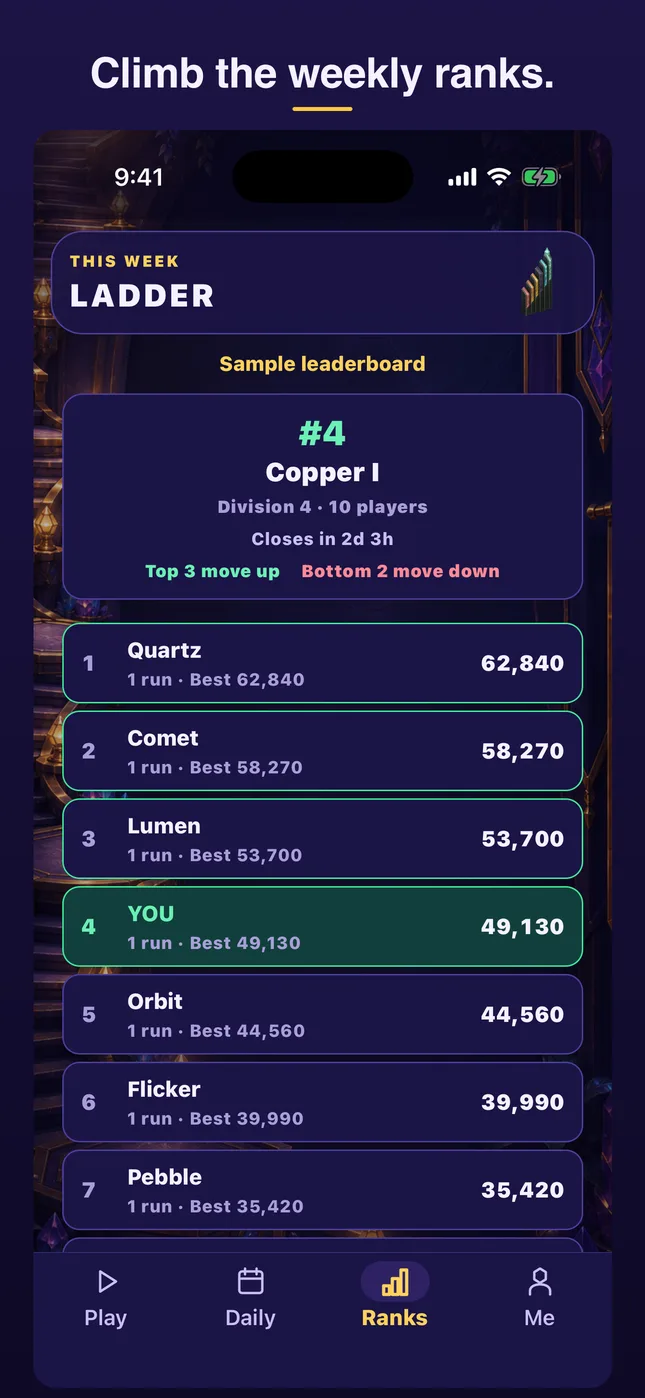 Climb the weekly ranks.