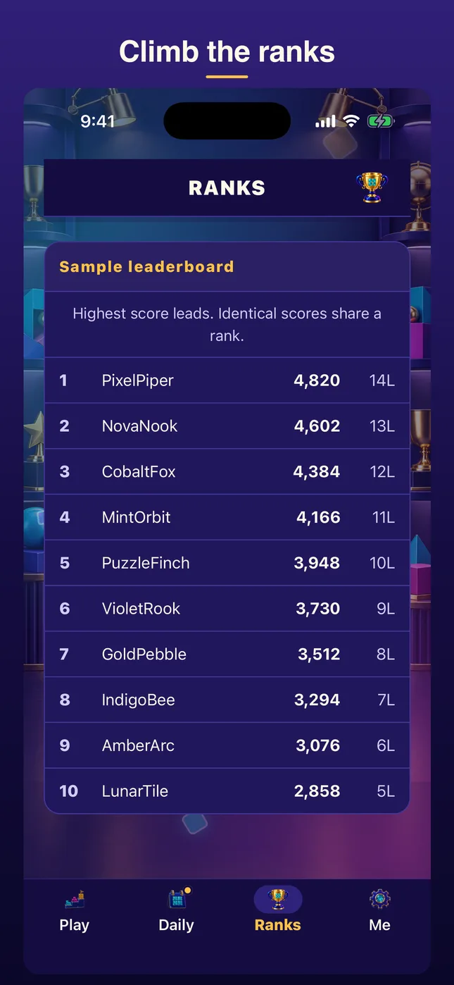 Climb the ranks. Sample leaderboard.