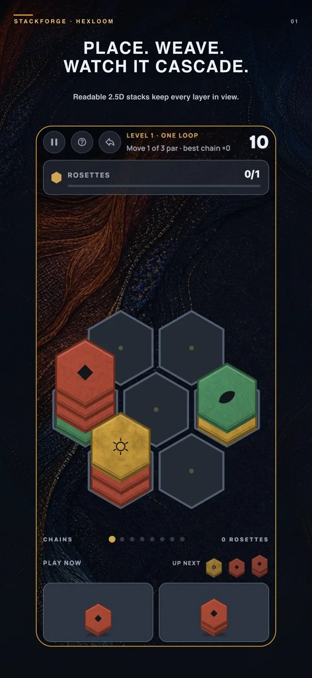Hexloom layered hex stacks on the Woven Dusk board