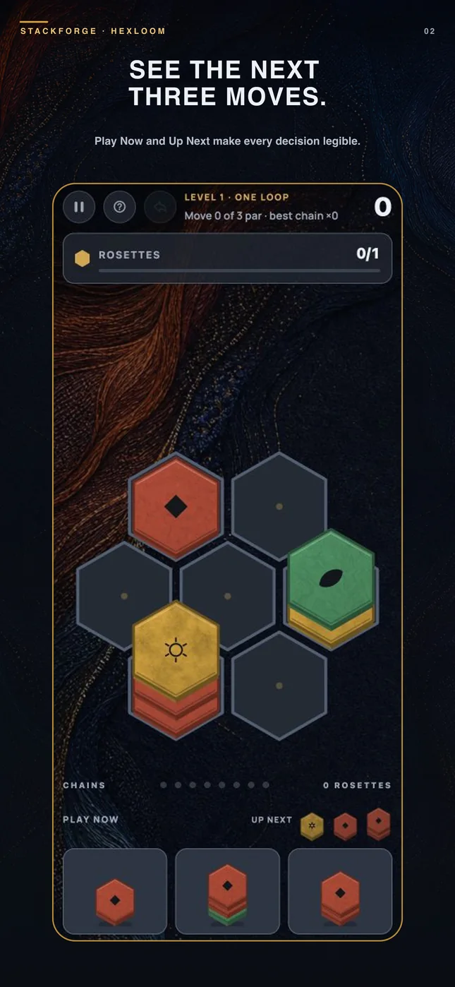 Hexloom close gameplay view showing material glyphs, lower color bands, and 2.5D stack depth