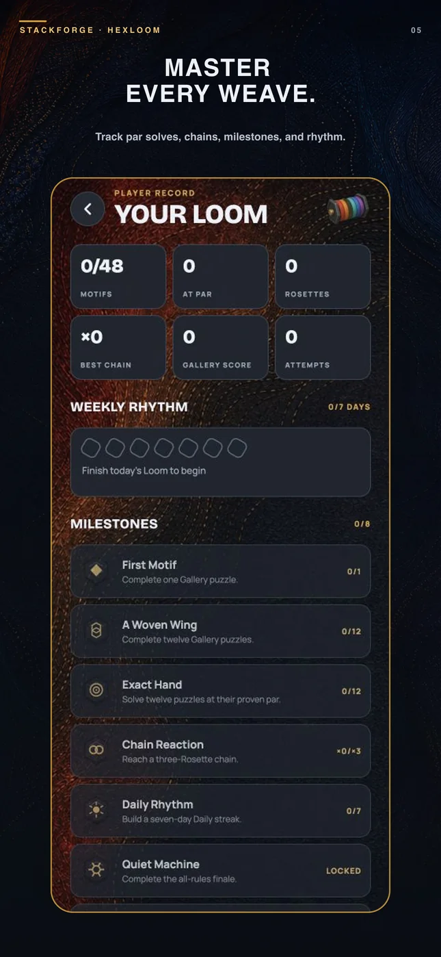 Hexloom progress and statistics screen