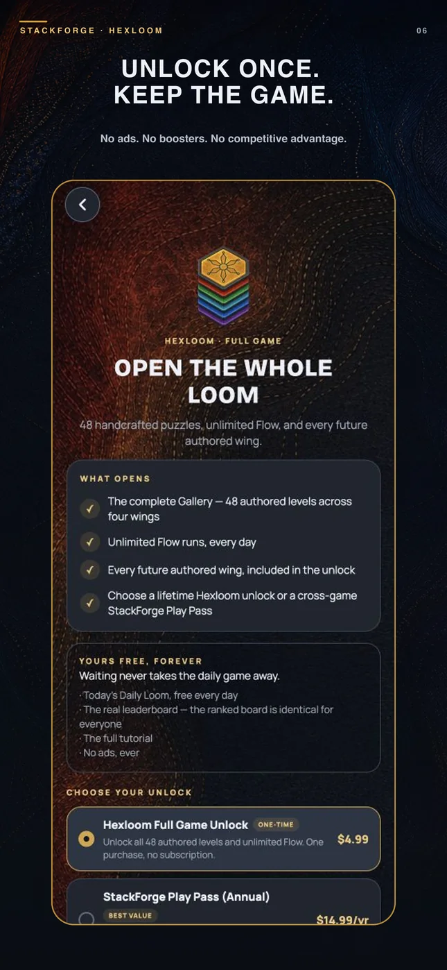 Hexloom optional full-game and Play Pass unlock screen