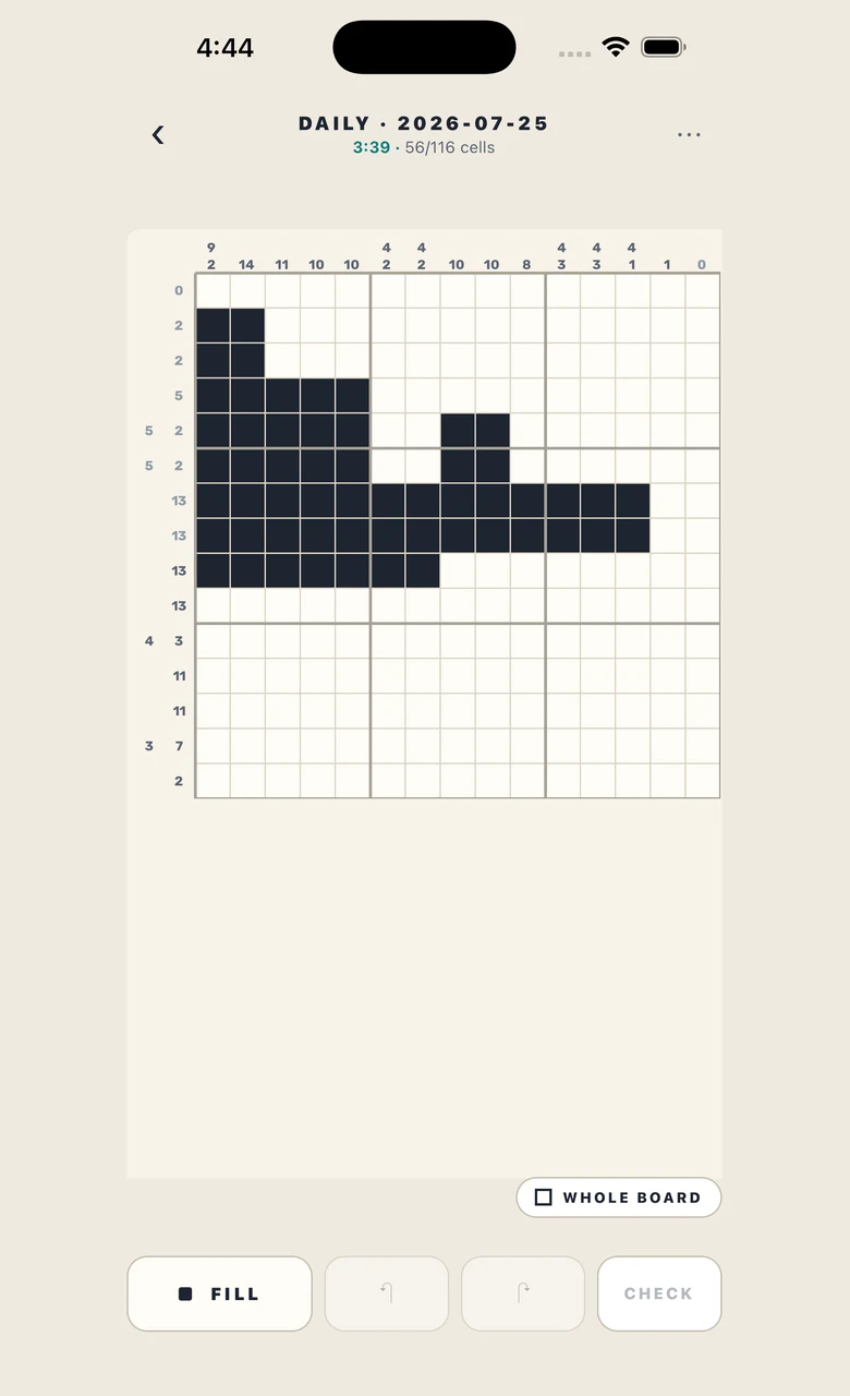 Latchward nonogram midway through a logic-only solve