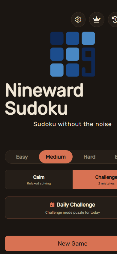 Nineward Sudoku screen 1