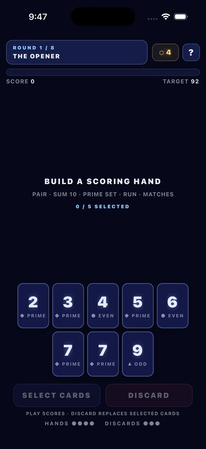Sumward number-card roguelite hand
