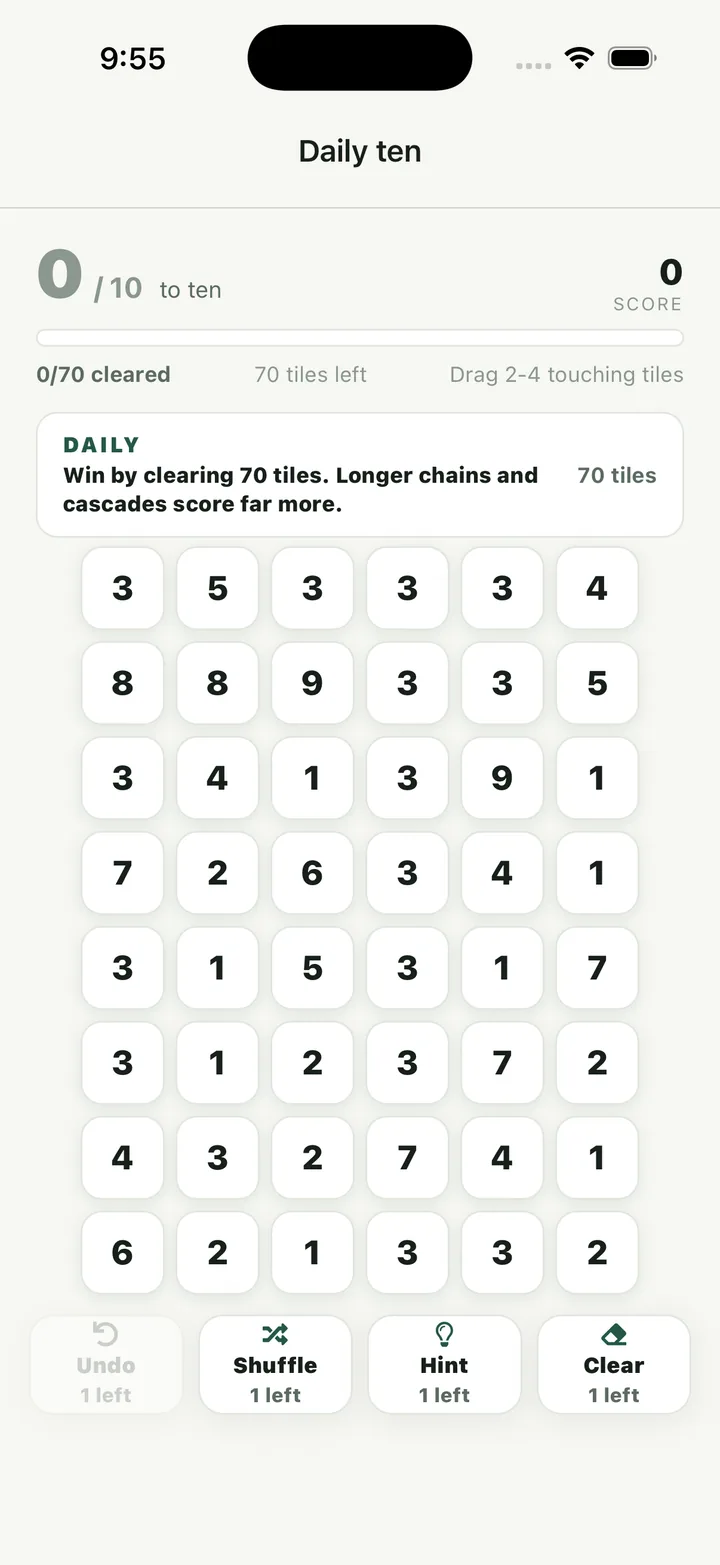 Tenward daily make-ten puzzle board
